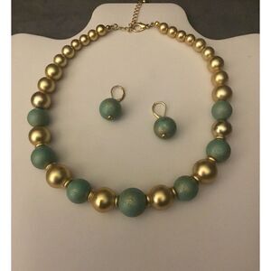 Lovely Turquoise Patina & Gold Ball Bead Necklace & Earring Set